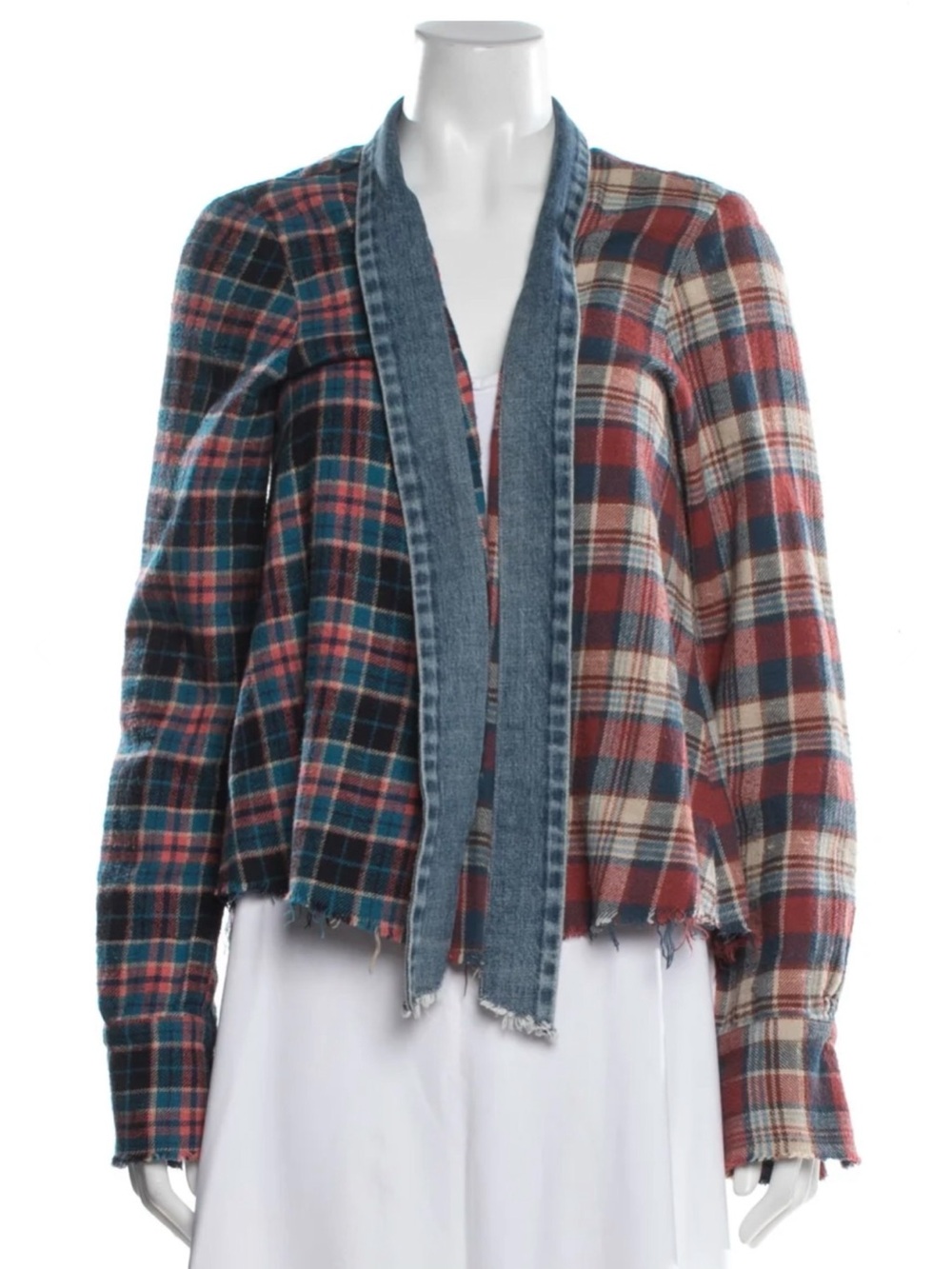 Greg Lauren Size 1 Plaid Mixed-Color Open Front Flannel Top with Denim Trim